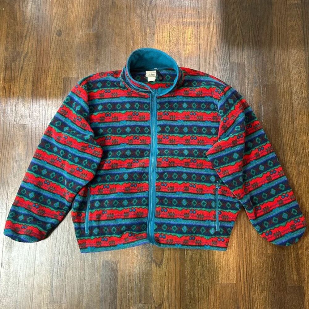 Vintage L.L. Bean Jacket Full Zip 90s Red Blue Fleece Aztec